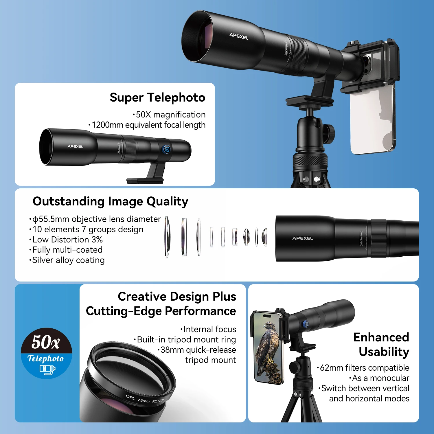 Apexel hd 50x ultra lente telefoto lentes telescópio profissional do telefone móvel com tripé de metal para observação de pássaros vida selvagem esporte