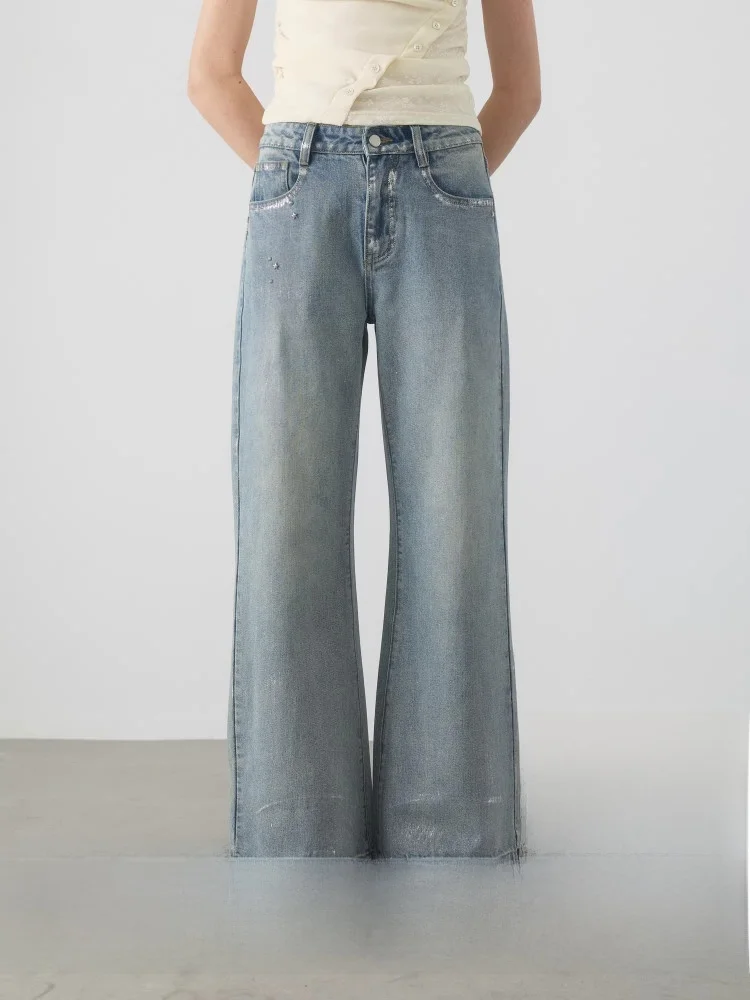 

Джинсы с низкой посадкой, ручной работы, с серебряными заклепками, повседневные, прямые, широкие, синие, молодежные, модные, с низкой талией