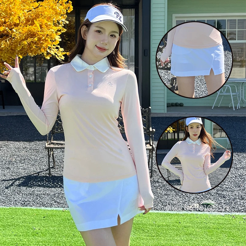 Ladies New Golf Wear Long Sleeve Lapel T-shirt Breathable Slim Sports Top Women Sunscreen Short Skort Split Golf Pencil Skirt