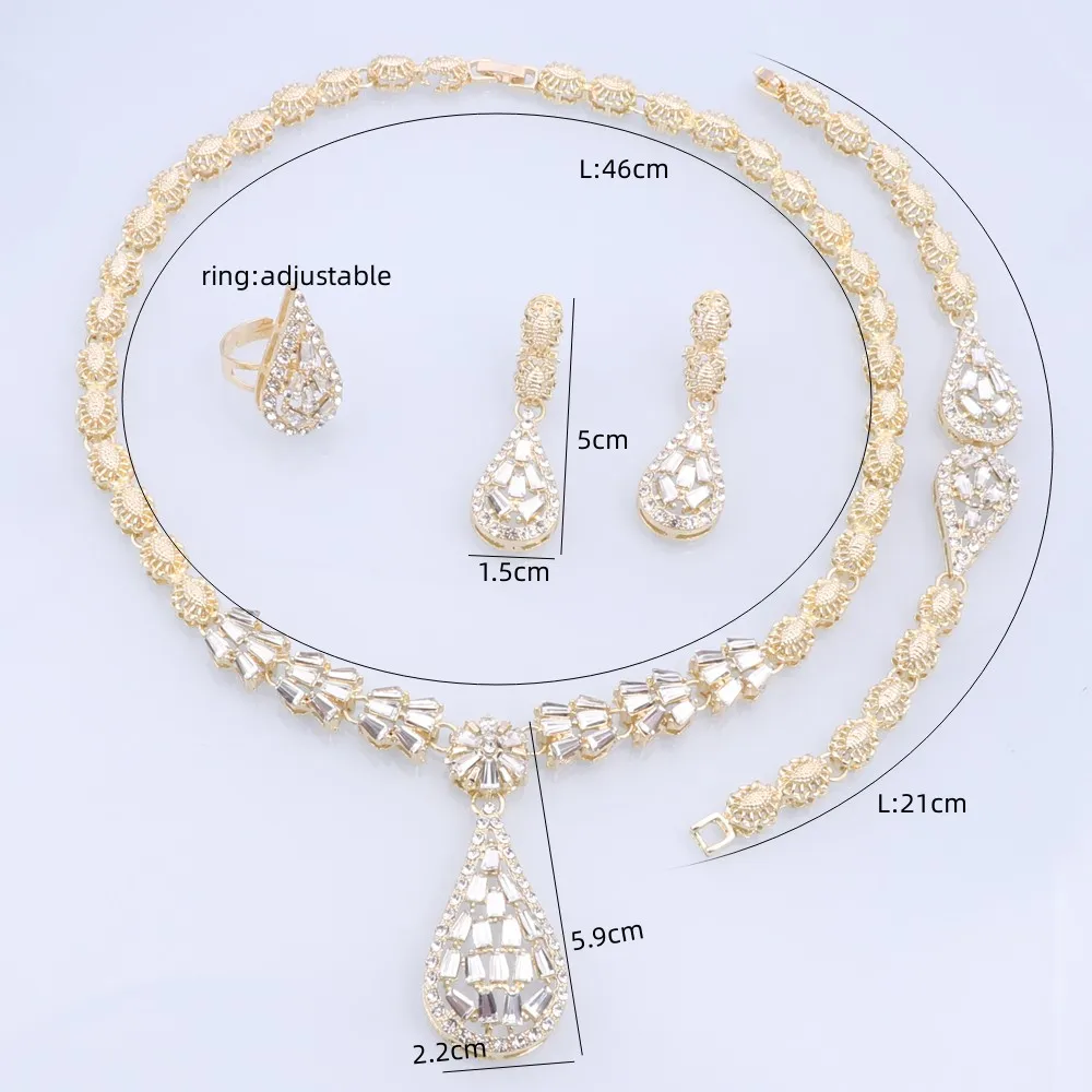 Dubai Gold Color Jewelry Sets Water Drop Pendant Necklace Earrings Ring Bracelet Classic Design 4Pcs Set Party Jewelry