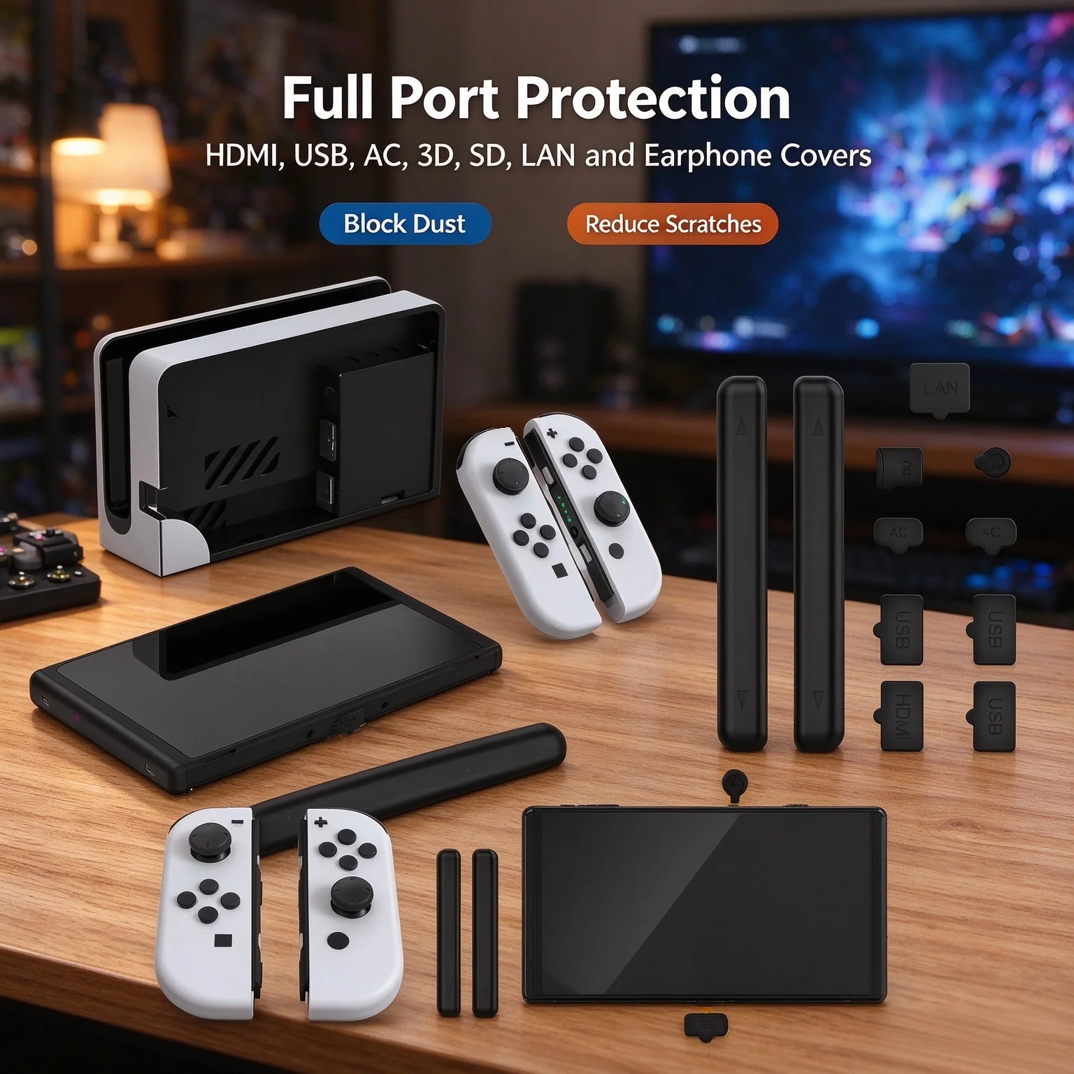 Dust-Proof Kit for Switch OLED/Switch Console Dock Joy-Con Rail Cover 14PCS Port Caps Protector Anti-Debris Scratch Guard Set