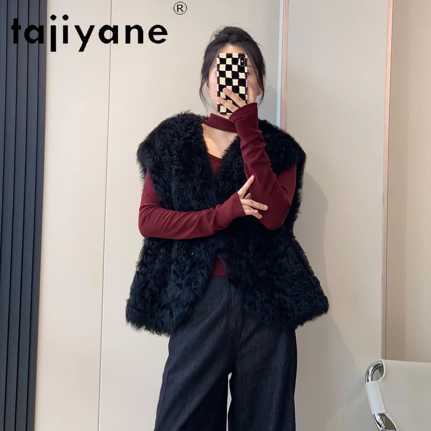 سترة من TAJIYANE 100% من صوف توسكانا الطبيعي من جلد الغنم مزدوجة الوجه سترة نسائية أنيقة بدون أكمام سترات من الفرو الحقيقي ملابس شتوية 2025 شوروبا