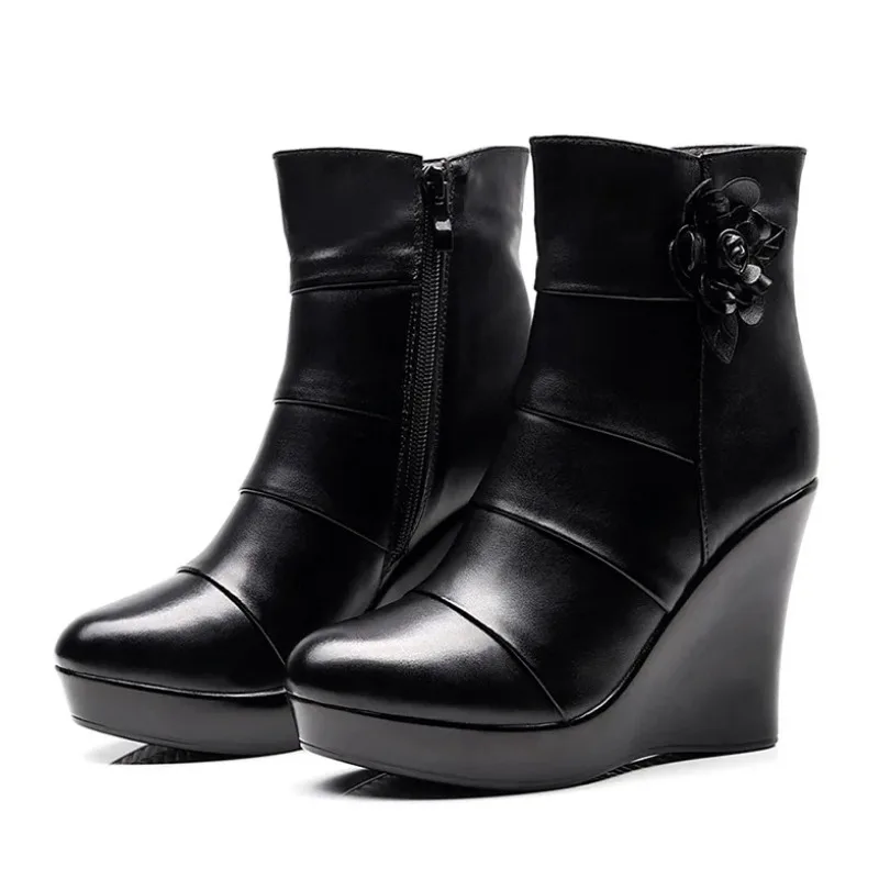 

8cm 10cm Size 33-41 Comfortable Black Floral Shoes Platform Wedges Boots Fall Winter High Heels Ankle Boots with Fur