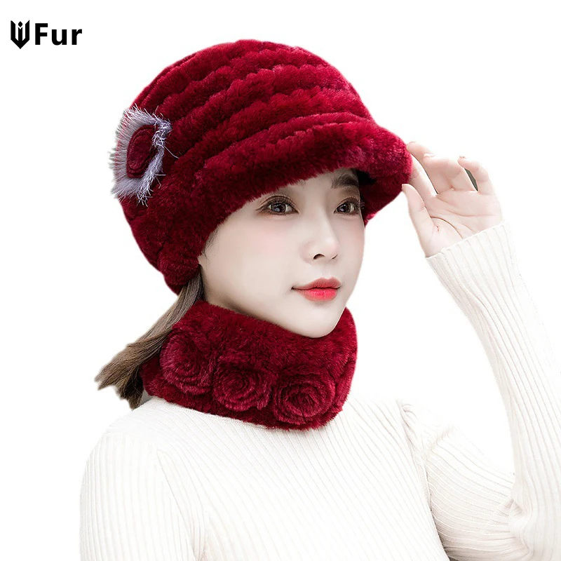 New Women Winter Knit Real Rex Rabbit Fur Hat Scarf Sets Natural Warm Fur Cap Scarves 2 Pieces Girl Quality Real Fur Hat Muffler