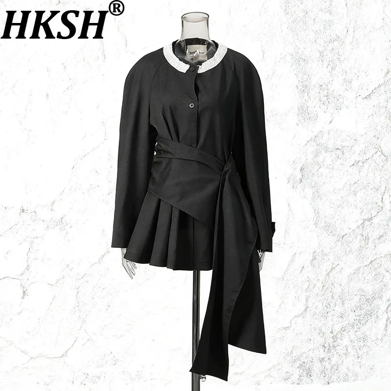 

HKSH весенне-осенний новый женский пиджак с круглым воротником и цветными блоками, однобортный пояс, плиссированное высококачественное элегантное модное пальто HK15903
