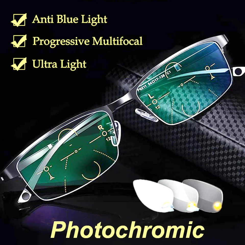 

Photochromic Reading Glasses Men Progressive Multifocal Anti Blue Light Optical Glasses TR90 Hyperopia Presbyopia Glasses 1.5