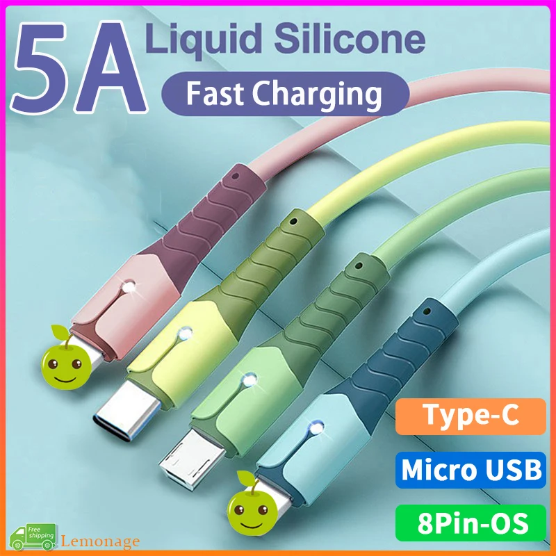 Liquid Silicone 5A Fast Charging Cable Compatible for iPhone Micro USB Type C Charger Cord Data Cable With LED Light