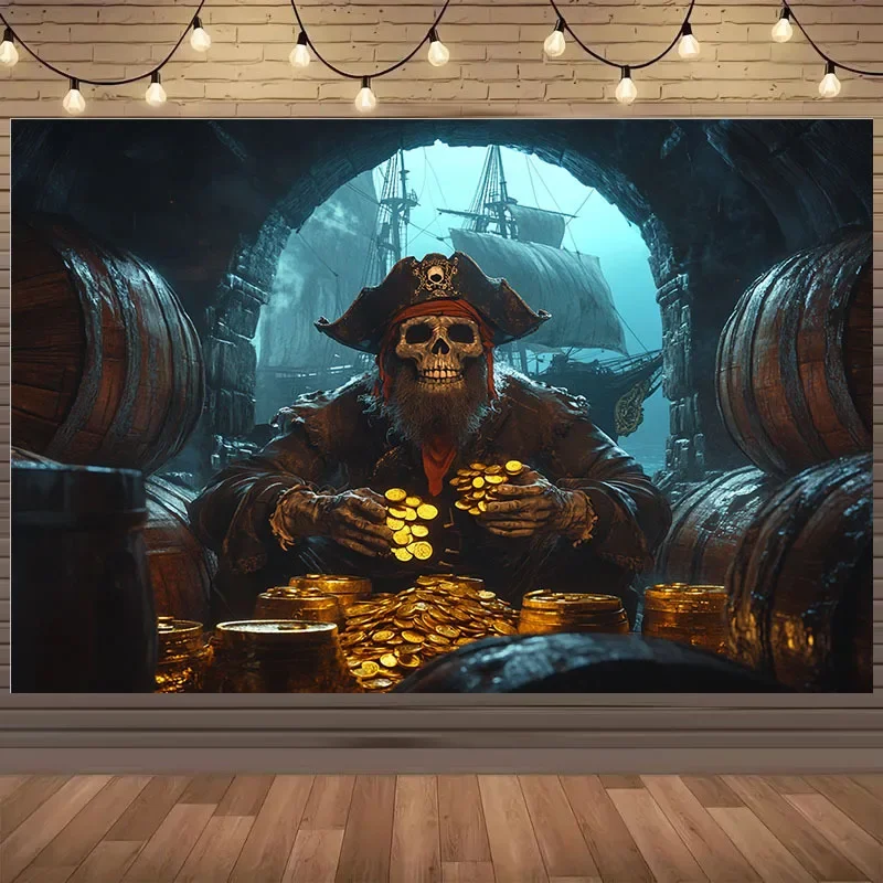 1-teiliges Hintergrundtuch mit „Pirate Treasure Night-Thema, schafft eine aufregende Halloween-Party!“ Partybanner