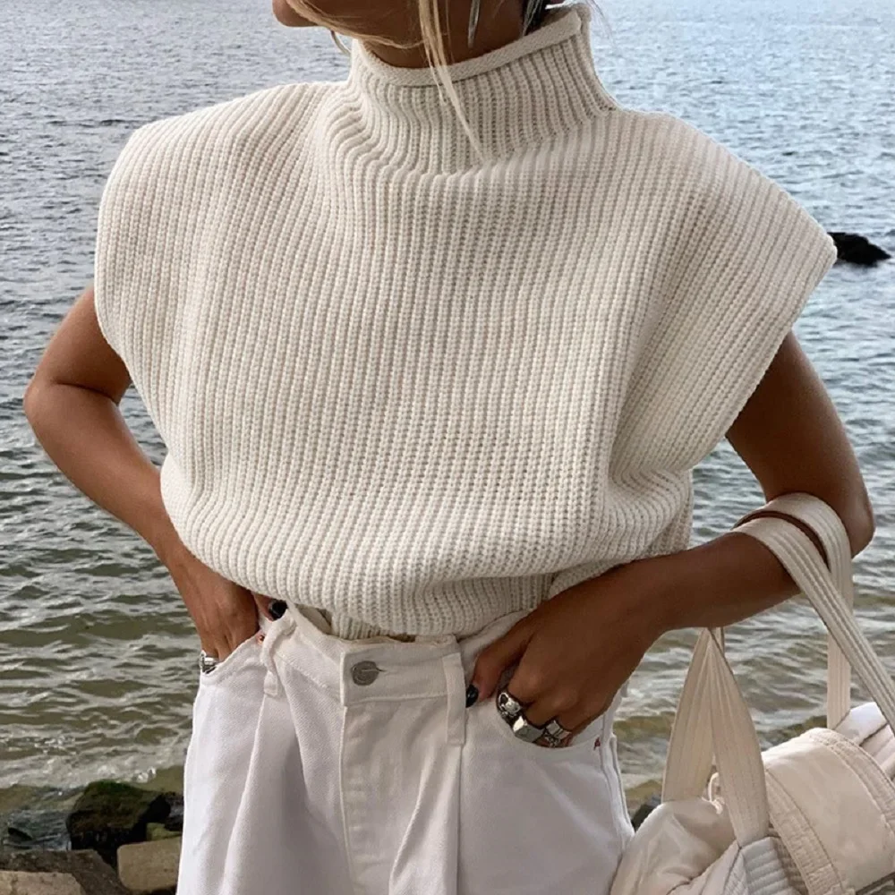 2023 Winter Basic Knitted Vest Turtle Neck Short Sleeve Solid Color Plain Shoulder Pads Elegant Sweater for Women Korean Fashion