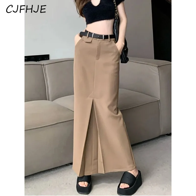 CJFHJE Design Fashion Khaki Grey Skirt with Belt Korean Elegant Office Ladies Slim Fit Long Shirt Skirt Plain Suit Skirts Women