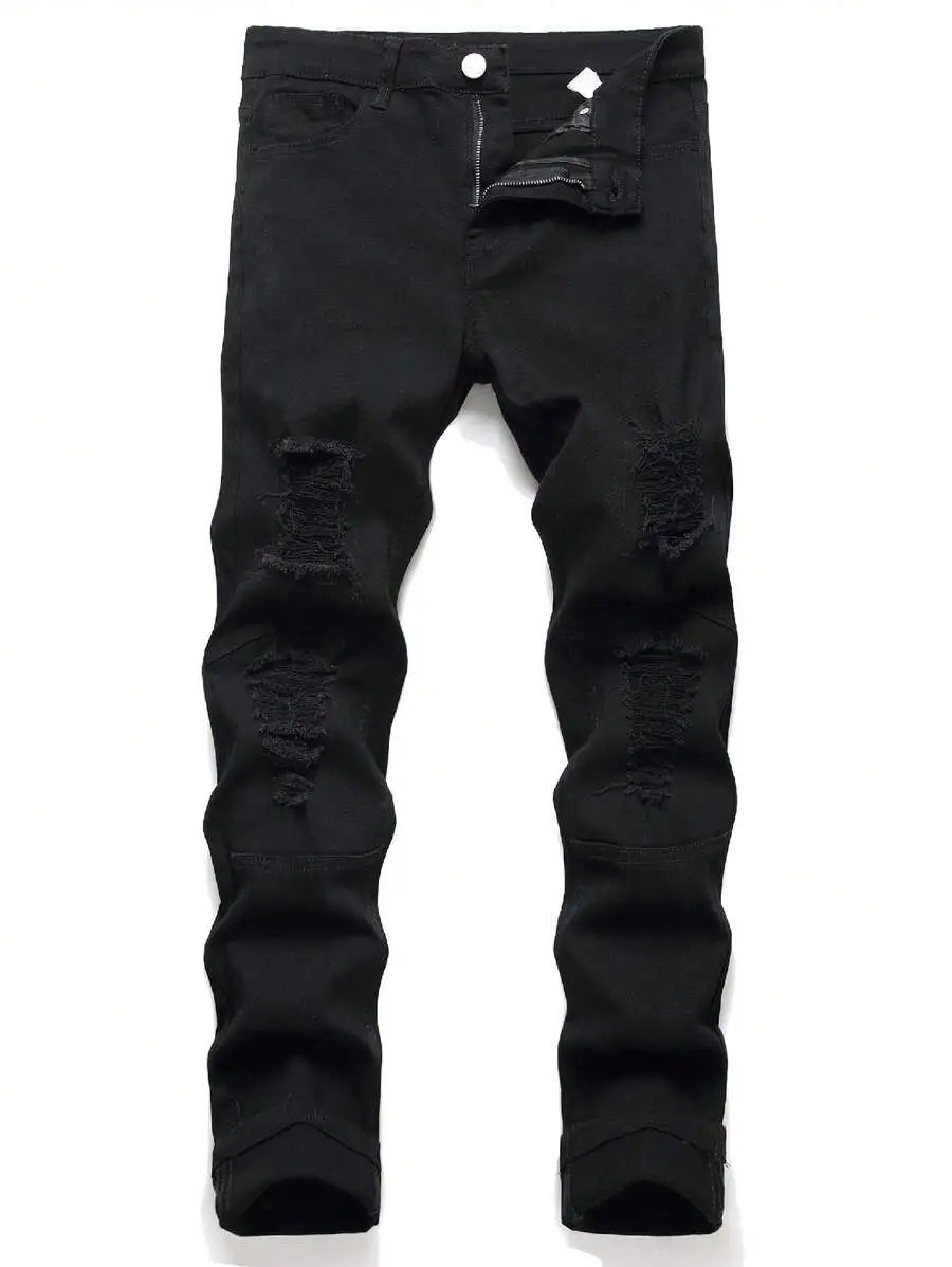 

Mens Solid Black Ripped Slim Fit Denim Jeans Distressed Casual Pants