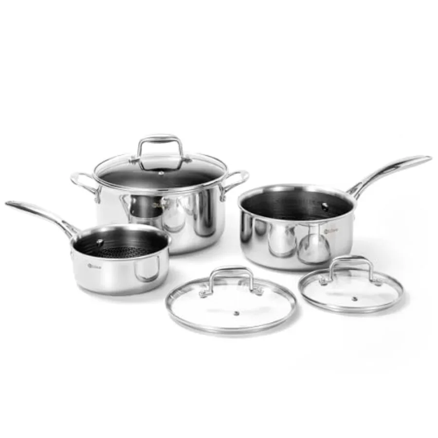 

Hybrid Nonstick 6 PCS Pot Set 1.3 3 5.4Quart Pot with Tempered Glass Lid for Stovetop Cooking Stainless Steel Cookware Pots Fea