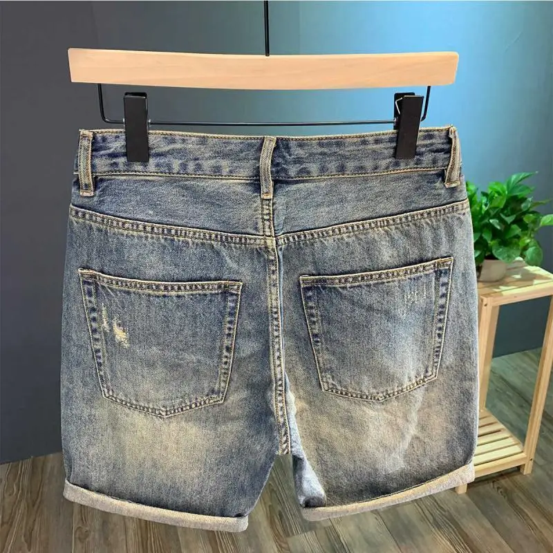 Celana Pendek Denim Robek High Street Celana Lima Titik Tipis Musim Panas Pria Merek Trendi Korea Celana Lurus Nyaman Populer