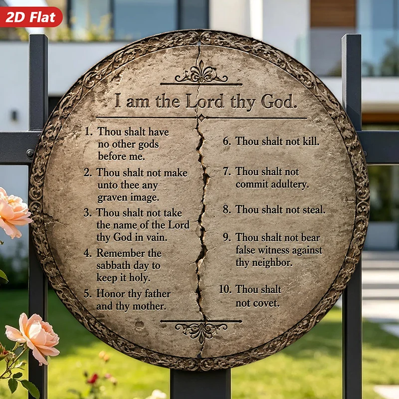 CIFBUY Retro Ten Commandments Scripture Round Metal Wall Art Waterproof Wearproof 2D Flat Sign Home Study Dining Room Decor