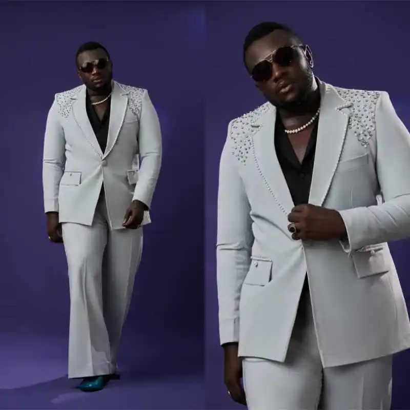 

Luxurious Men Suit 2 Pieces Jacket Pants Notch Lapel Single Breasted Pearls Crystal Formal Occasion Banquet Party Customized