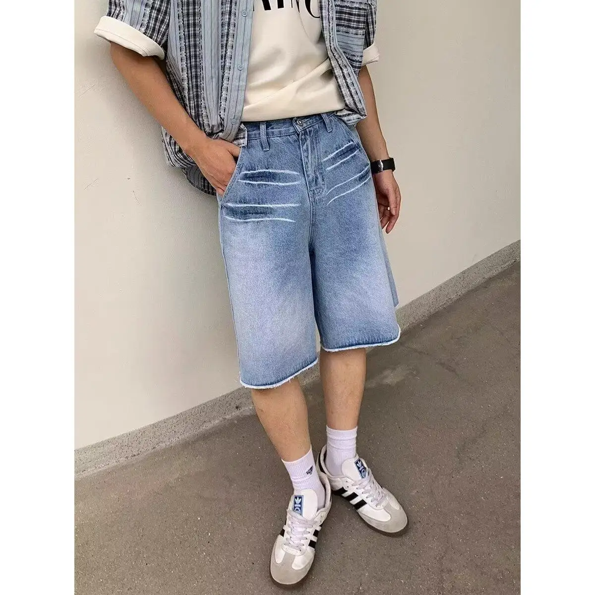 

Retro Blue Men's High Waist Jeans Shorts Straight Leg Loose Fit Slimming Washed Denim Youth Trendy Summer Casual Wide Leg Fiv...