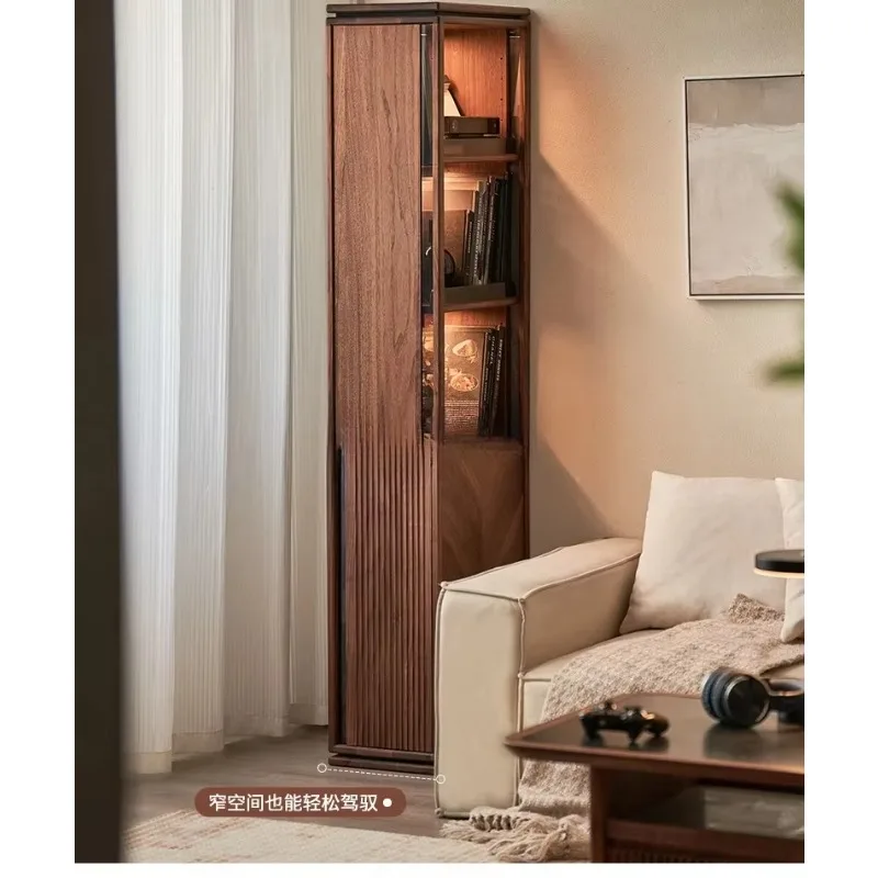 Solid wood narrow bookcase desk integrated black walnut, pull cabinet