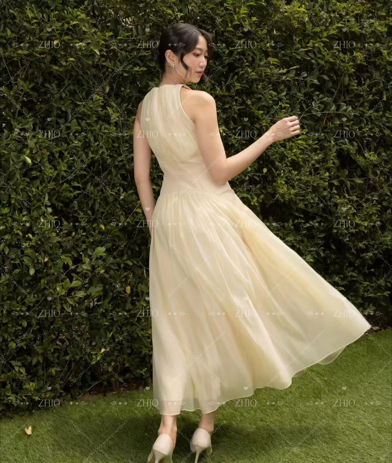 ZHIO فستان سهرة بسيط ليموني فاتح رسن بدون أكمام طول الكاحل الأورجانزا فساتين حفلات الزفاف فستان حفلات رسمي مخصص