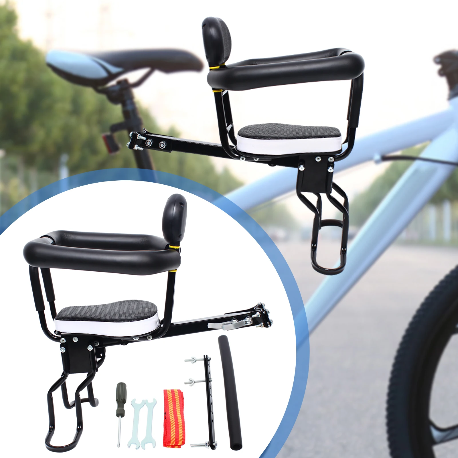 Front-mounted Child Bike Seat Double-Point Fixation MTB Road Bicycle Kids Front Seat Baby Saddle Handrail Safety Chair Load 40kg