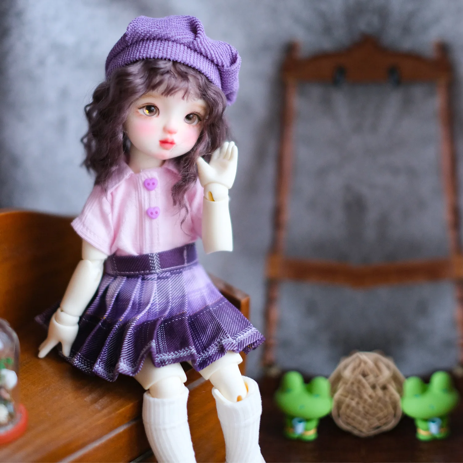 Lovely 1/6 BJD Doll Clohes, Purple Dress Hat Tops Sock Free Shipping