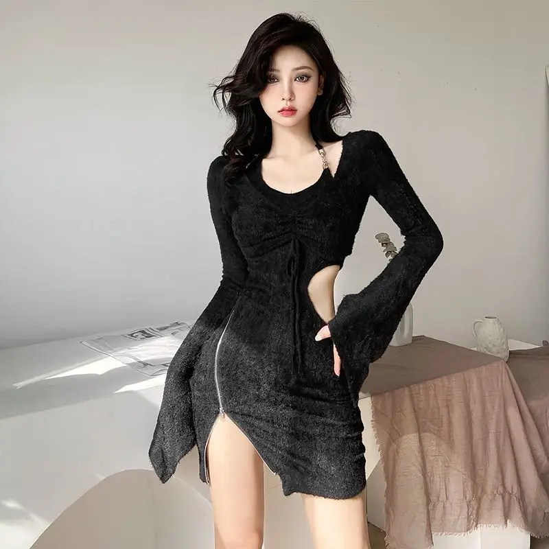 Woman Long Sleeve Dress Night Club Black Hollow Split Dresses for Women Clothes One-piece Cheap Casual Elegant and Beautiful Y2k