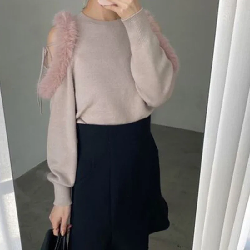 Fur Patchwork Lace Up Off Shoulder Long Sleeve Sweaters Simple All-match Elegant O-neck Pullovers 2024 Autumn Winter Japan Top