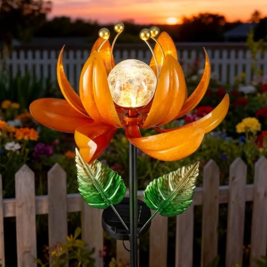 Outdoor Solar Lights Garden Decor, Wind Spinner Yard Decorations for Outside, Lotus Garden Windmill with LED Cracked Crystal Wa