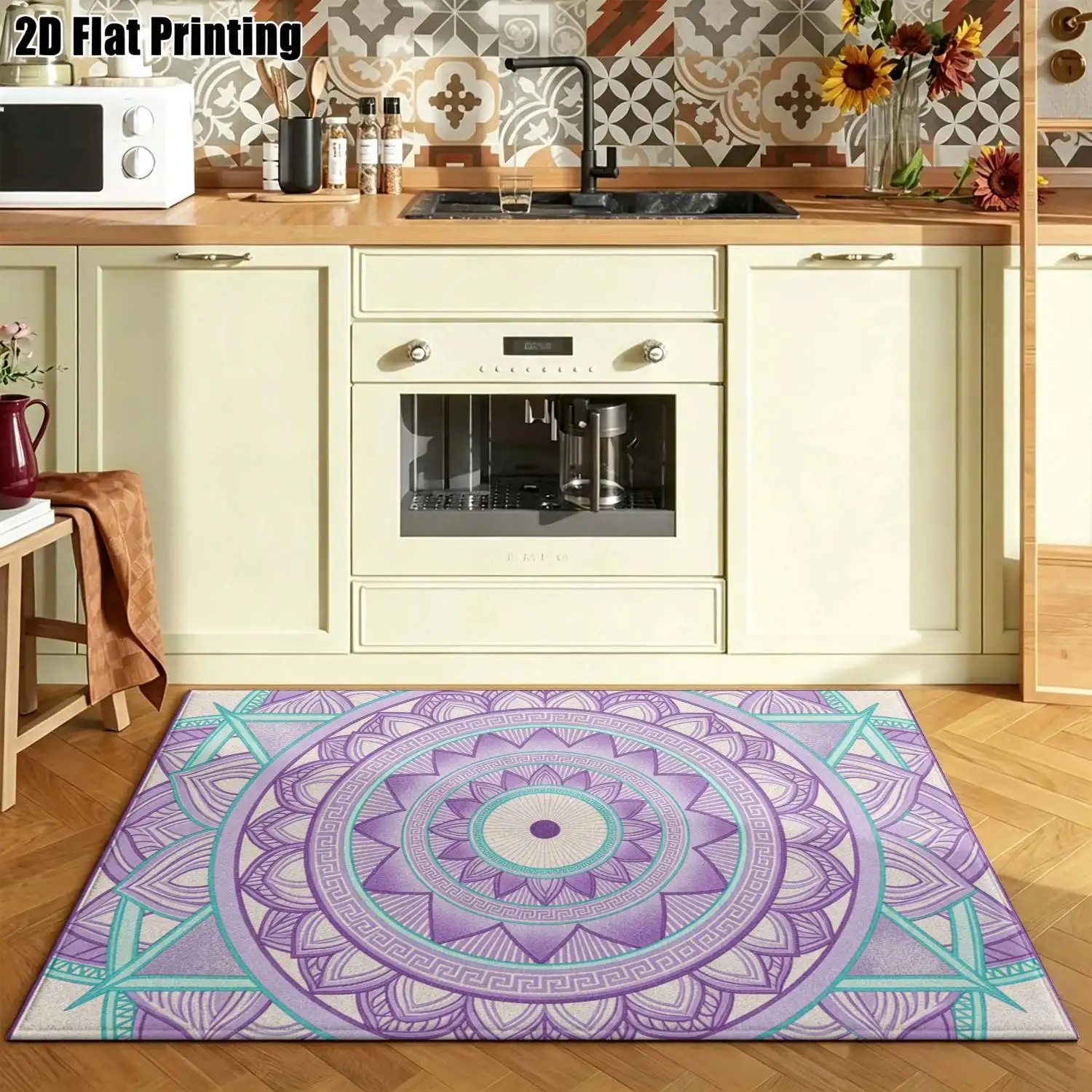 1Pc 2D Printed Purple-Blue Mandala Nordic/Bohemian/Instagram Carpet, Home Decor, Multi-Size, Machine Washable, Suitable for Entrance, Dining, Bedroom, Study, Living Room