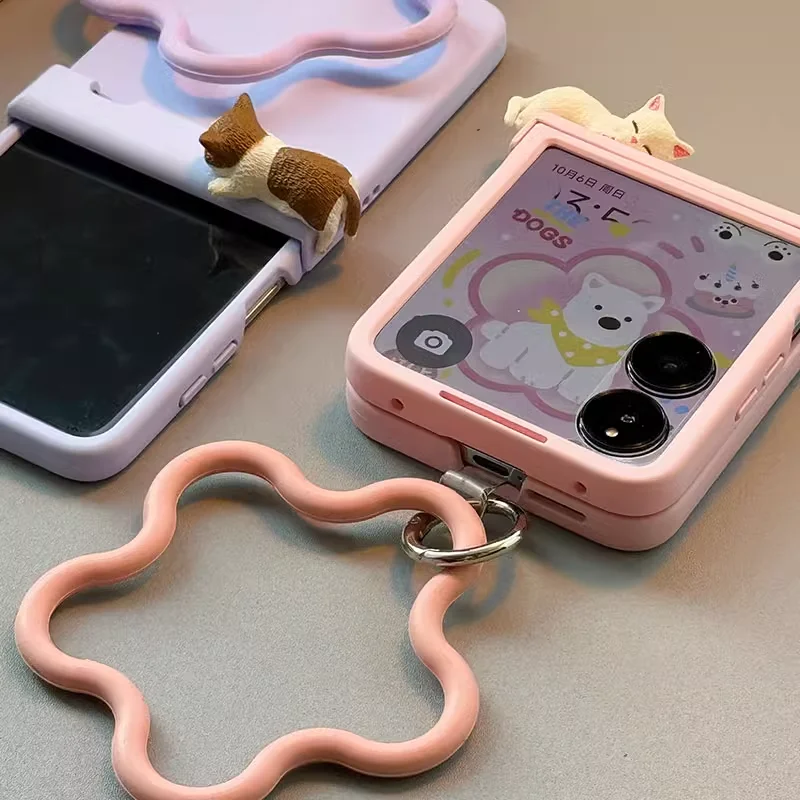 Korea Cute 3D Kitten Case Flower Strap Girl Case For Samsung Z Flip 7/6/5/4/3 For Motorola Razr 40 50 60 Ultra Xiaomi Mix Flip - náhled 6