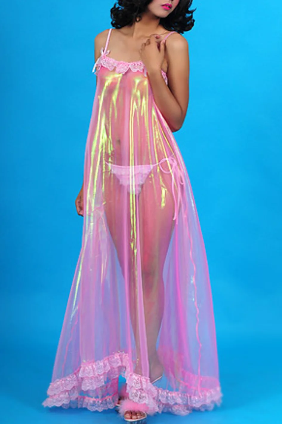 

Slim Fit Organza Colorful Gauze Translucent Sleeping Gown with Long Drag Straps for Crossdresser Sissy Sleepwear