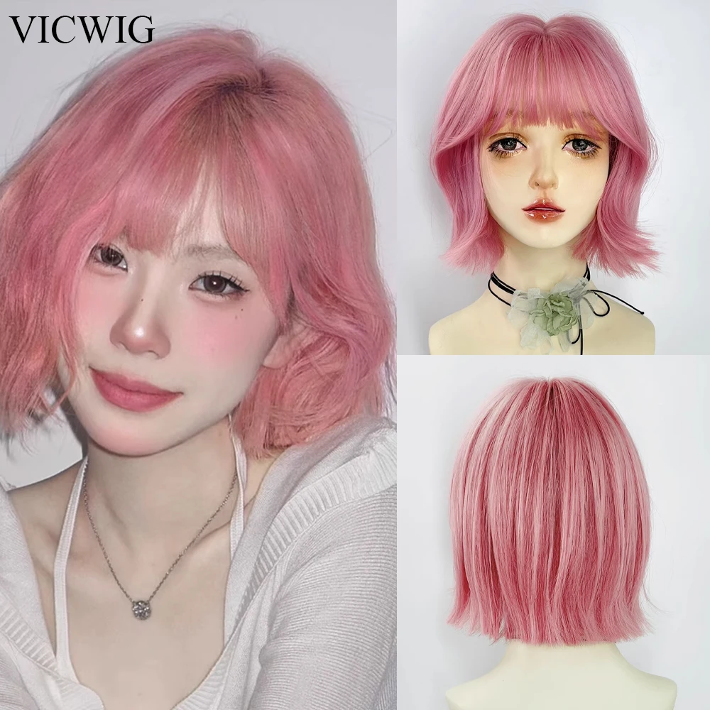 

VICWIG Synthetic Pink Short Wavy Wigs with Bangs Lolita Cosplay Women Natural Hair Heat Resistant Wig for Daily Party