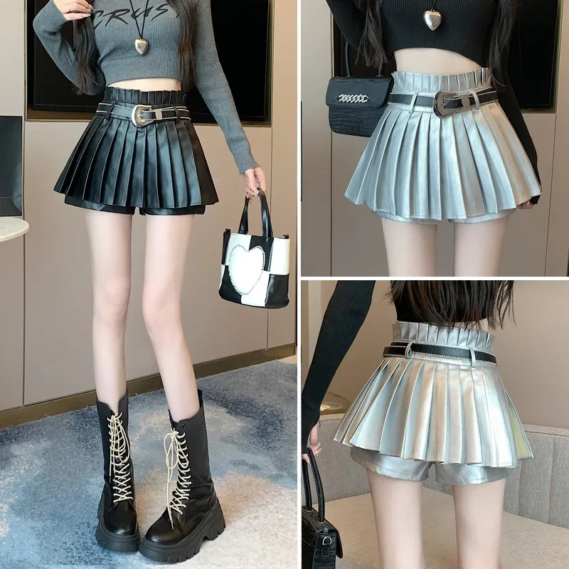 Silver Pleated Mini Skirt For Women High-Waisted Autumn Anti-Exposure Petite Leather Dress A- Line Mini Dress