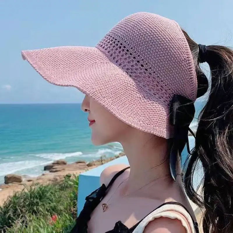 New Summer Sunshine Hat Big Brim Outdoor Curling Folding Sunshade Sun Visor Chapeau En Paille  Empty Top Bow Women's Straw Cap