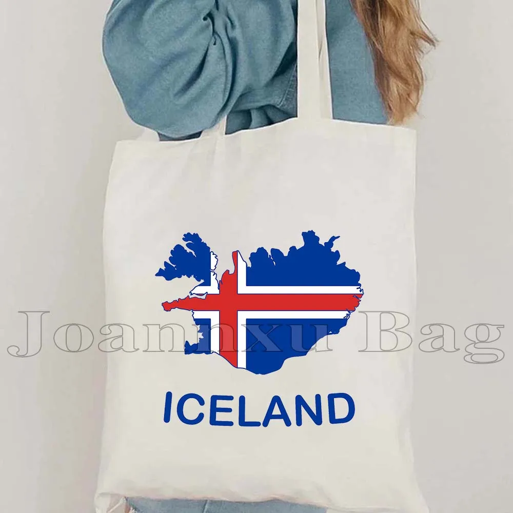 

Reykjavik Landmark Iceland Heart Flag Coat of Arms Map Travel Souvenir Viking Shopper Harajuku Canvas Tote Bag Shopping Handbag