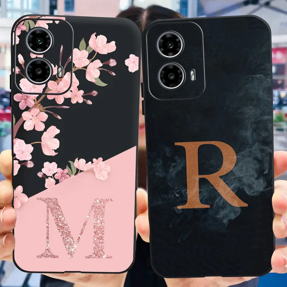 Case For Motorola Moto G24 G34 4G 5G Fashion Flower Initial Letter Back Cover For MOTO G34 G24 Black Silicon Soft Phone Cases