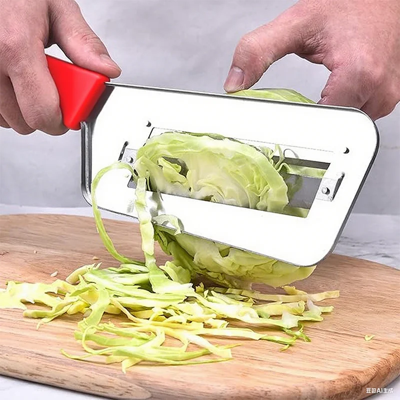 Vegetable Slicer Stainless Steel Durable Kitchen Tool Thickened Blade Anti-Slip Red Handle Home Cooking
