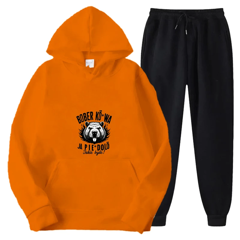 طقم هوديي بنطال رياضي برتقالي وأسود مطبوع عليه جمجمة ملابس غير رسمية للرجال والنساء ملابس خريف وشتاء موضة ملابس الشارع #4