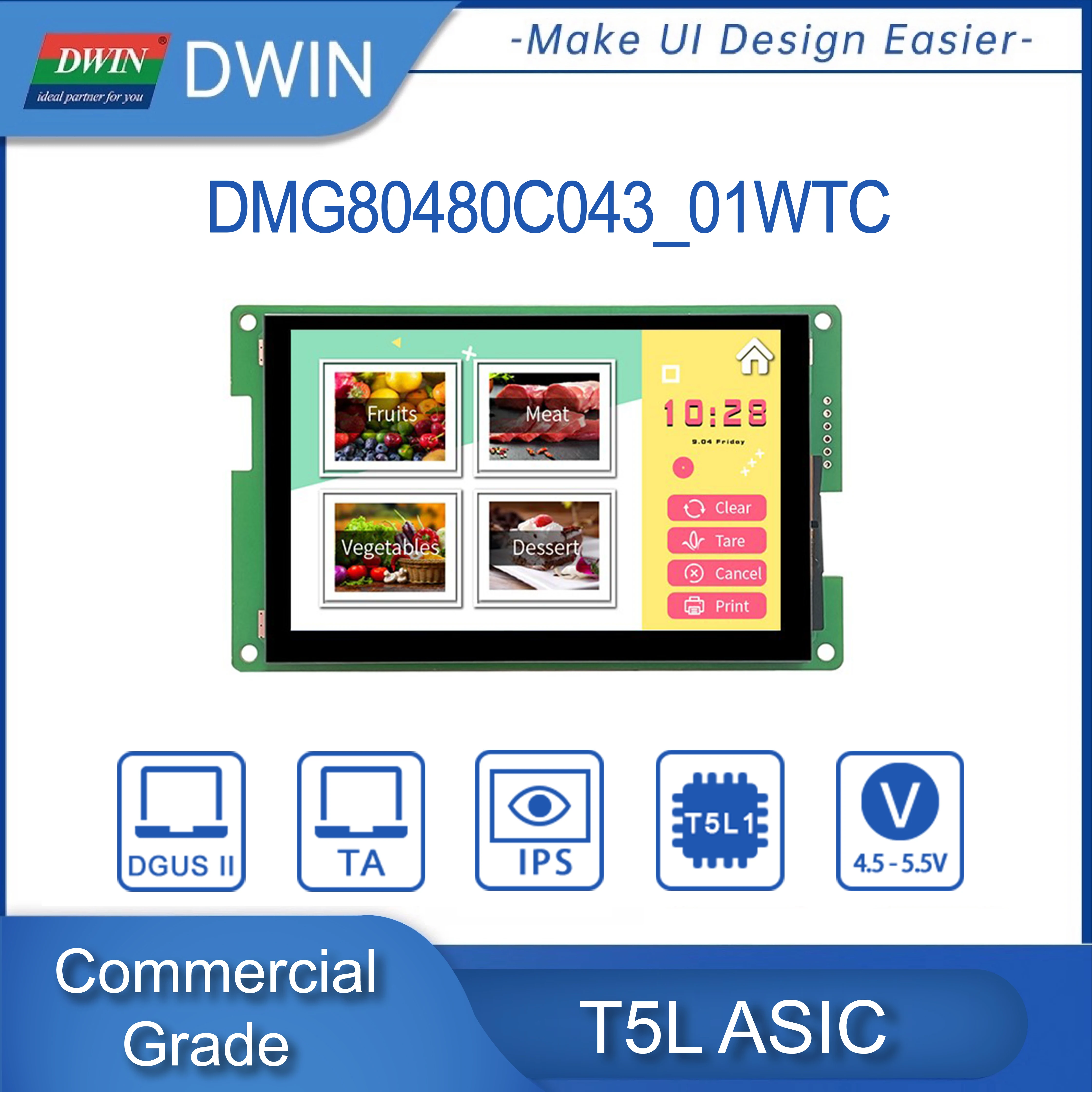 DWIN 4.3 Cal moduł TFT LCD 800*480 pikseli komercyjny ekran dotykowy TTL Smart Didplays HMI DMG80480C043_01W/02W
