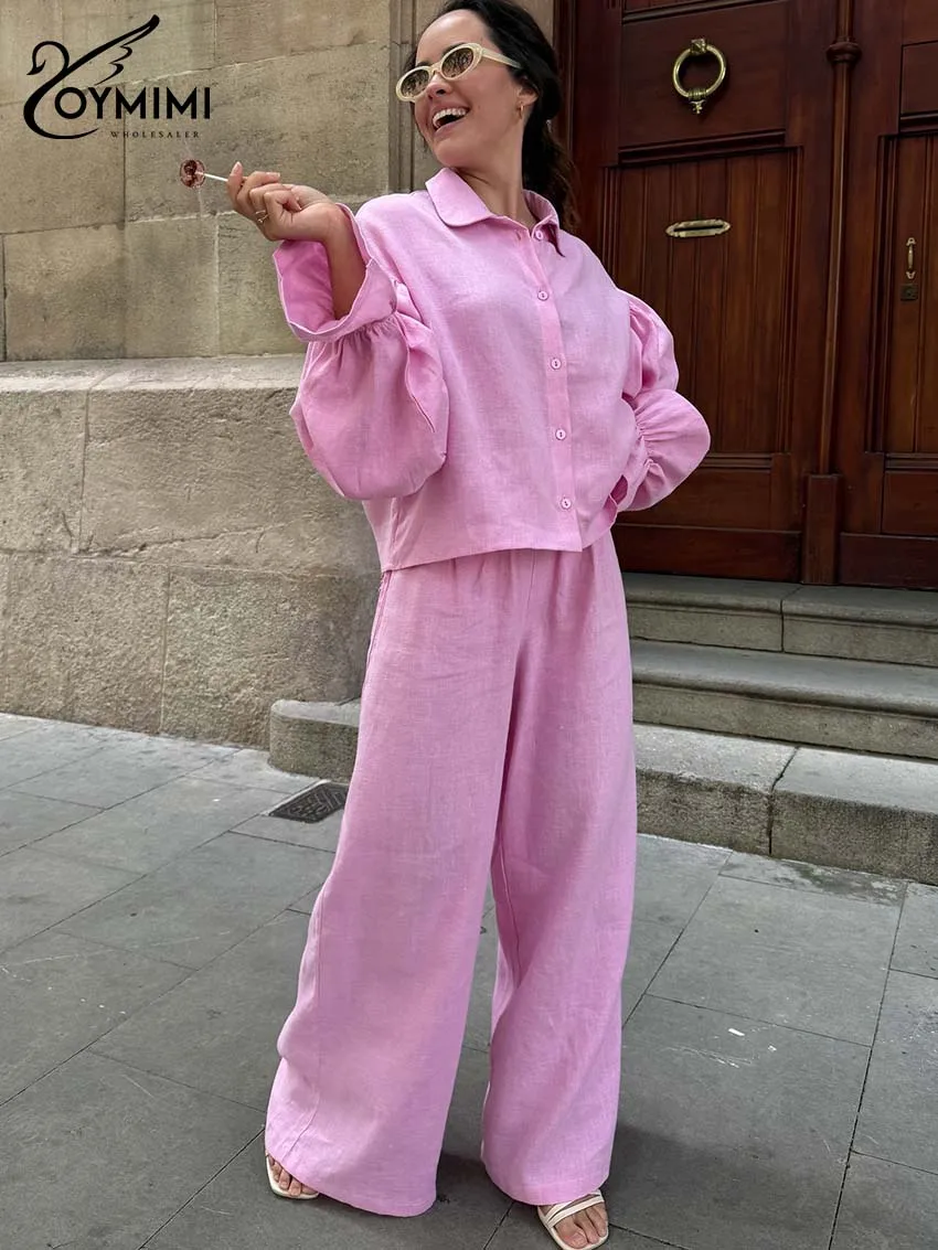 

Oymimi Women's Hot Pink Linen Set 2026 Spring Cropped Lantern Sleeve Shirt And High-Waist Wide-Leg Pants Vacation Chic Outfit