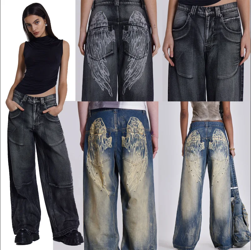 

European and American washed distressed gradient wing print American retro new loose wide leg jeans straight leg pants