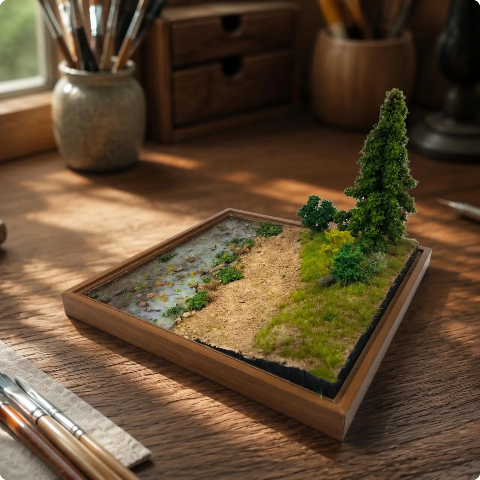 Square Base River Landscape Display Resin Stream Wilderness Diorama with Simulated Water Surface Trees for Display Cabinet Shelf