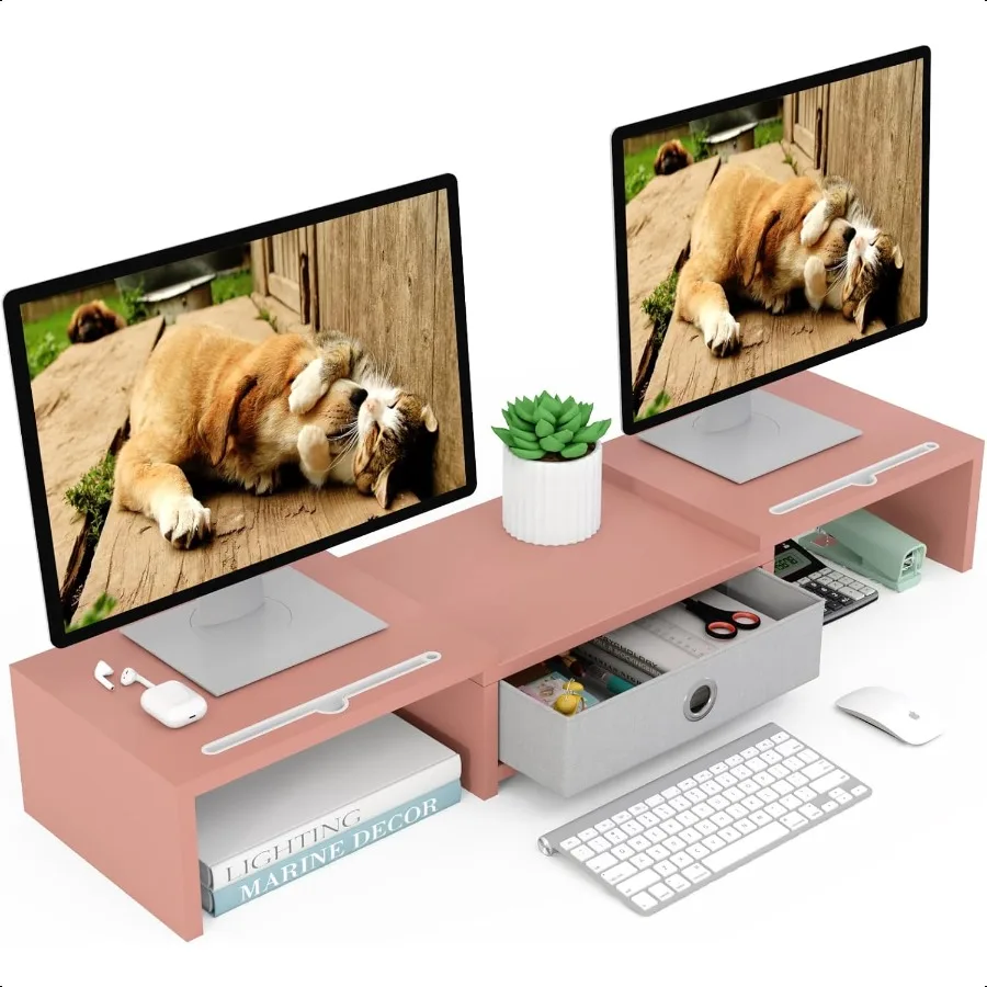 

Dual 3 Shelf Computer Riser with Drawer Adjustable Length and Angle Desktop 2 Monitor Stand Storage Organizer