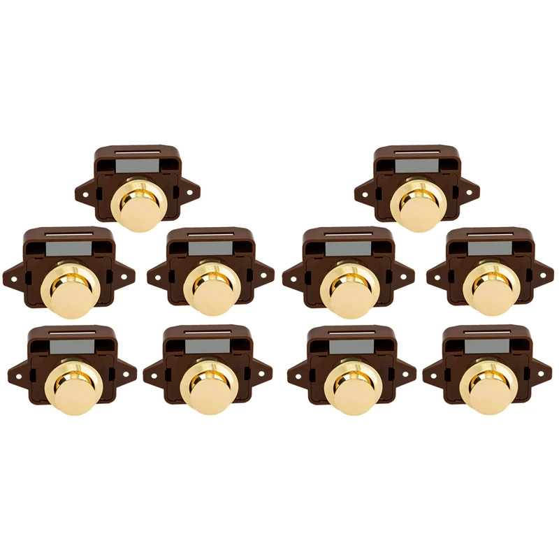 10Pcs Keyless Push Button Catch Door Knob Lock For RV Caravan Cabinet Boat Motor Home Cupboard, Brown Gold