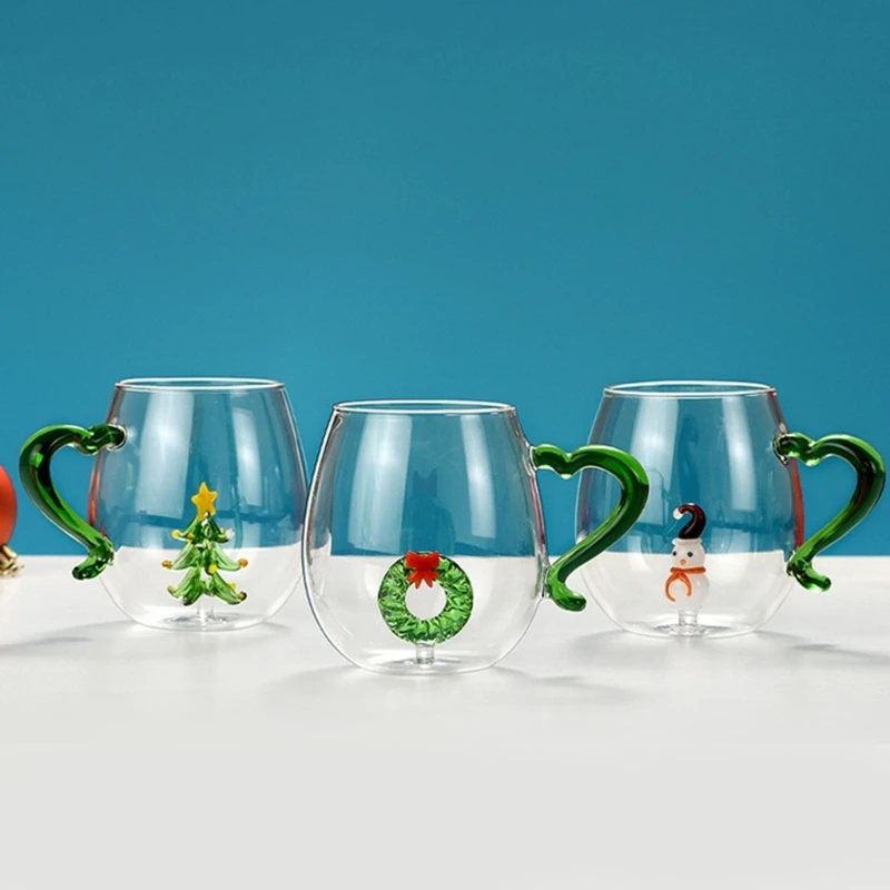 3D Christmas Wreath Glass Mug 350/400ml Capacity Glasses for Family Gatherings Y5GB