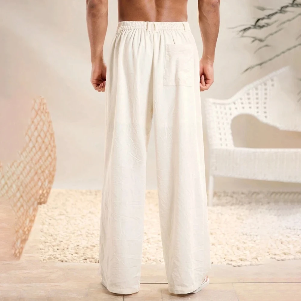 Mens Cotton And Linen Casual Pants Solid Color Daily Trousers Autumn Beach Vacation Home Wide Leg Pants Men'S Clothing 2024