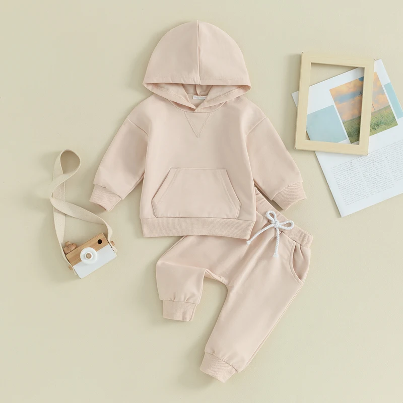 

Toddler Baby Boy Girl Fall Winter Outfit Solid Long Sleeve Hoodie Sweatshirt Drawstring Pants Set Casual Clothes