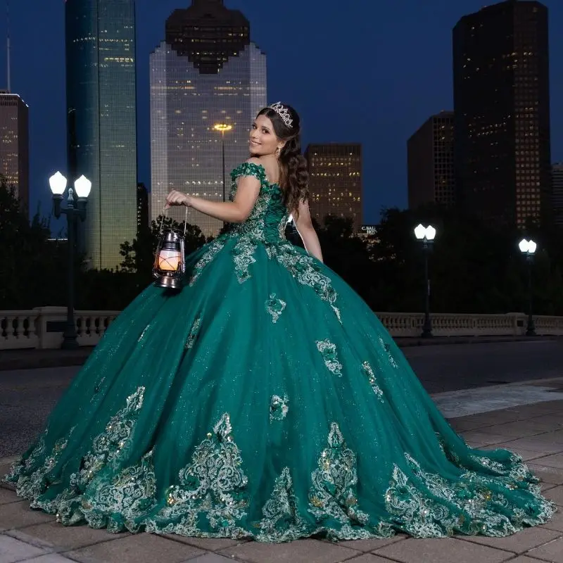 Lorencia vestido de quinceañera verde esmeralda mexicana brillante, vestido de baile de quinceañera, Apliques de encaje con cuentas, vestido dulce 16, 15 Años, YQD468