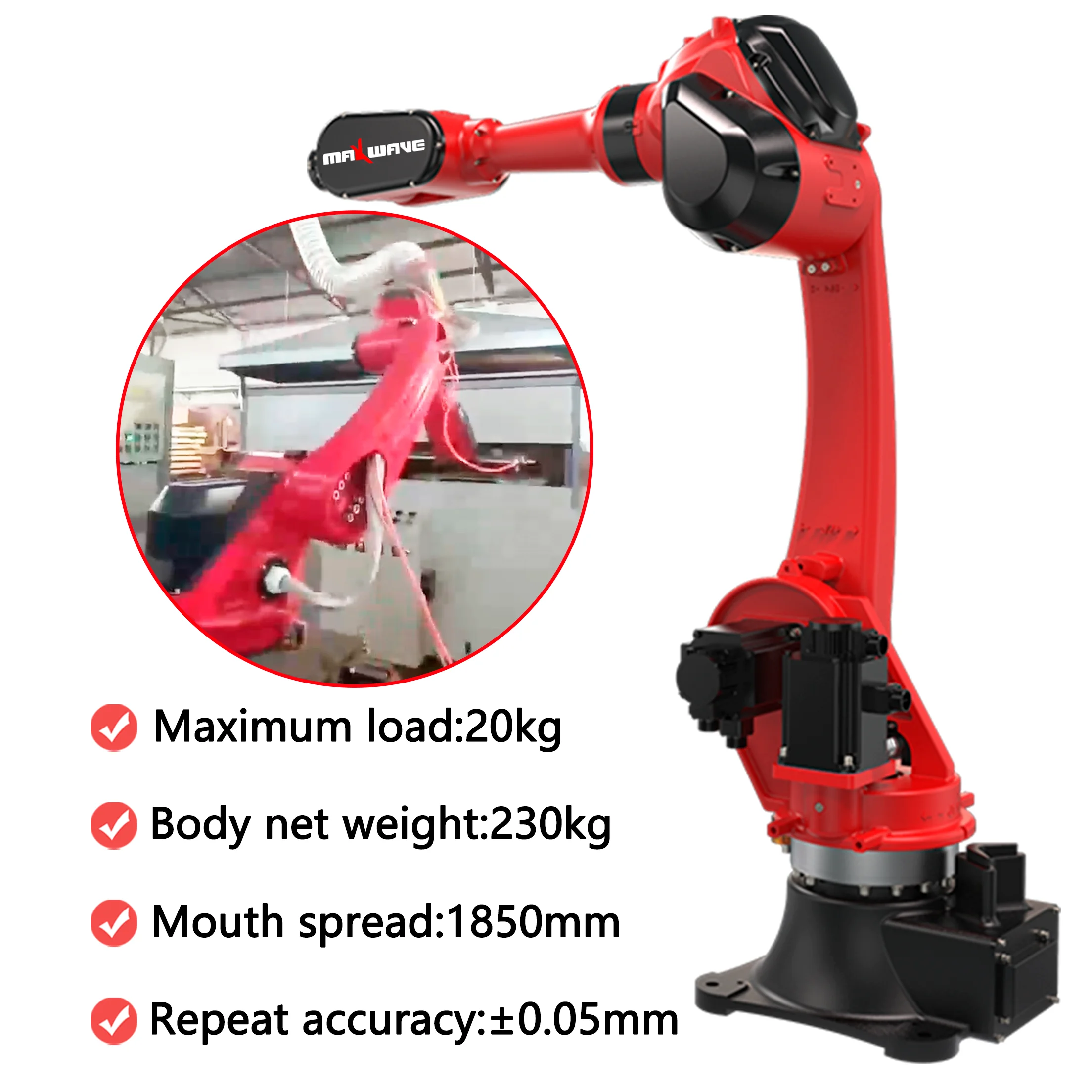 맥스웨이브 1820 6축 유니버설 로봇, 1850mm 암 길이, 20KG 용량, 로딩 및 언로딩에 유연함