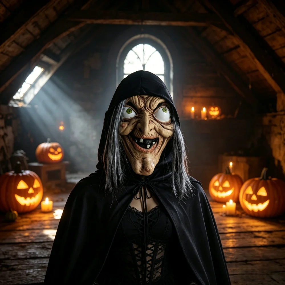 Realistische Böse Hexenmaske mit Kapuze & Haar, Latexmaske für Halloween-Party, Cosplay, Scherzartikel – Detail 6