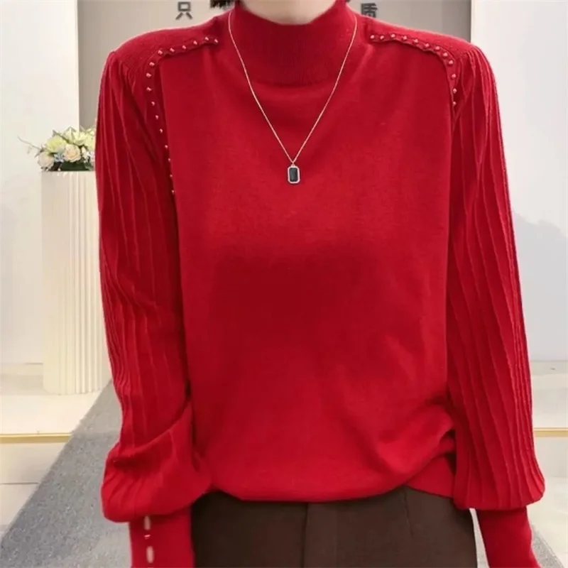 

Female Large Size 5XL Knitting Coat Spring Autumn Ladies Half High Neck Sweater Tops Korean Women Round Neck Hollow-out Knitwear